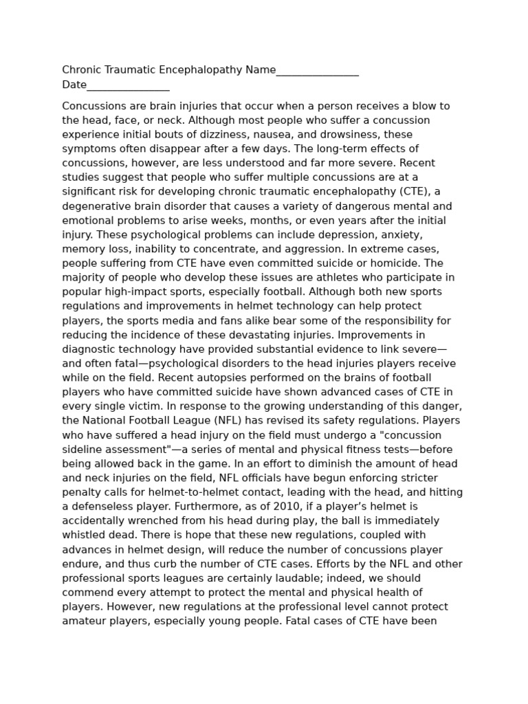 Understanding Chronic Traumatic Encephalopathy | PDF | Concussion ...