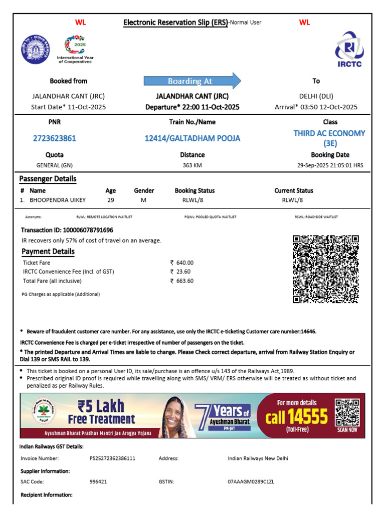 IRCTC Train Ticket Reservation Details | PDF | Identity Document | Payments