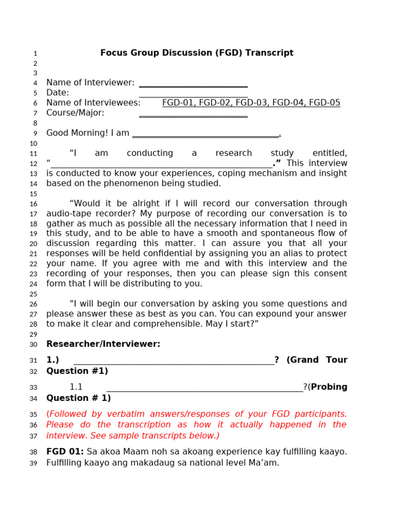 Focus Group Discussion Transcript Template | PDF | Interview | Focus Group