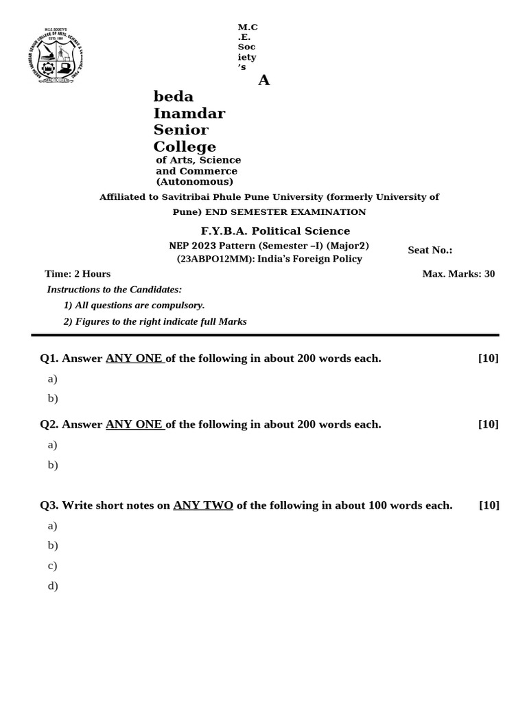 India's Foreign - Policy Paper Pattern & Question Bank | PDF