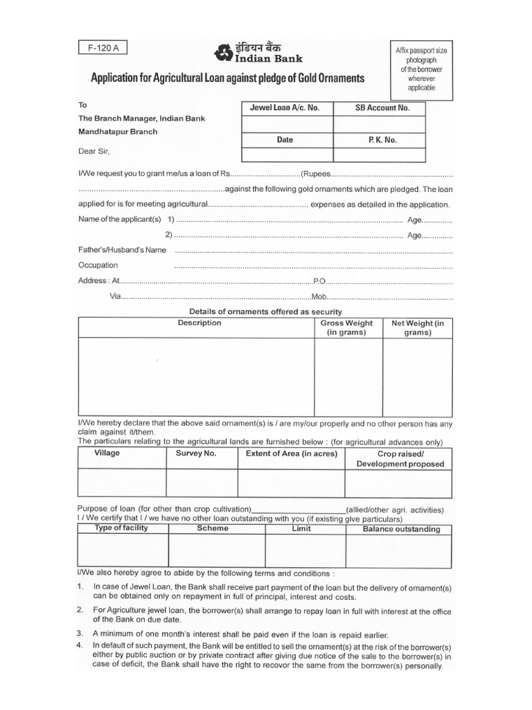 Agricultur Loan Form - Indian Bank | PDF