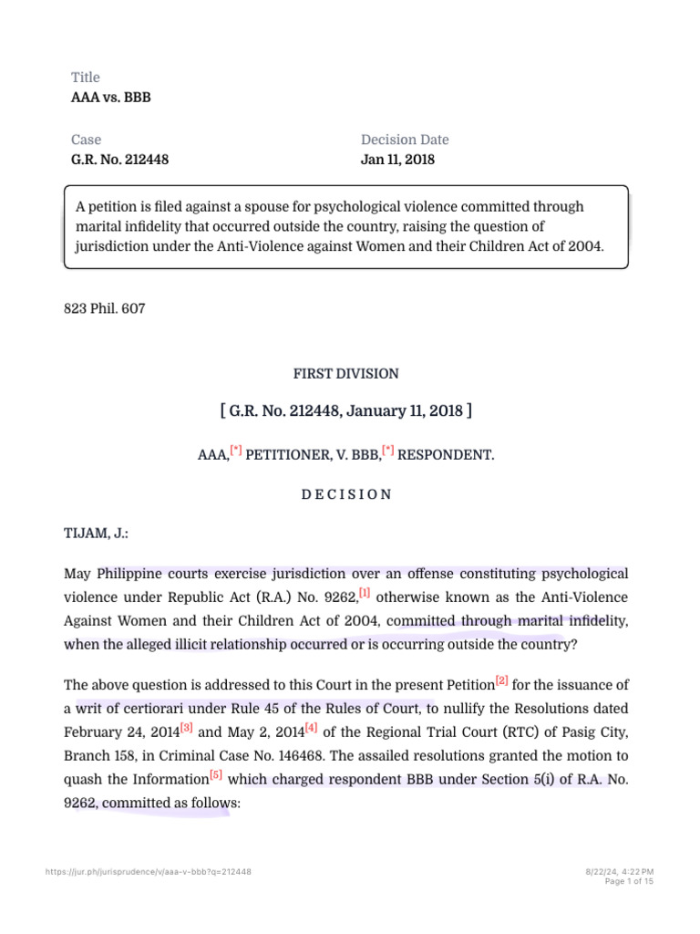 Jurisdiction in AAA vs. BBB Case | PDF | Acquittal | Psychological Abuse
