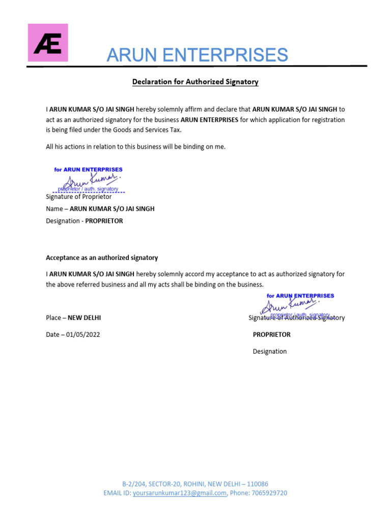 Authorized Signatory Declaration Document | PDF