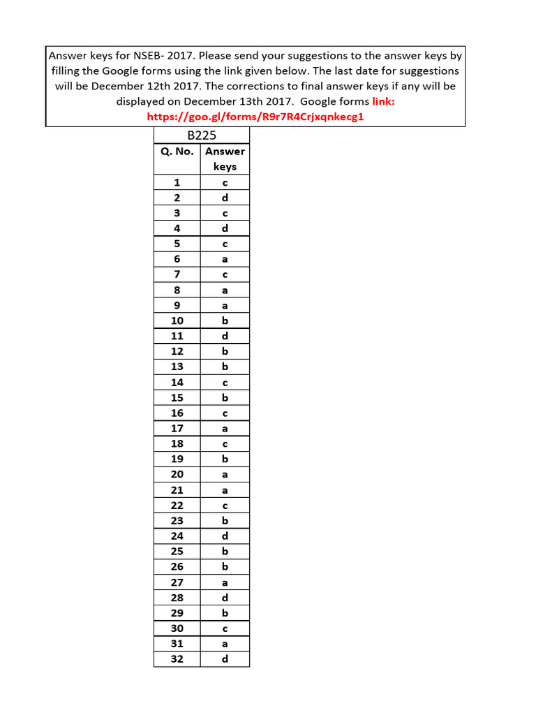 NSEB 2017 Answer Key Summary | PDF
