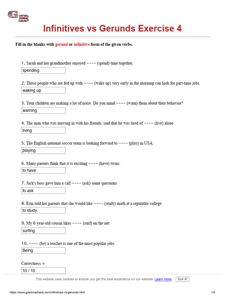 Infinitives and Gerunds Exercise Guide | PDF