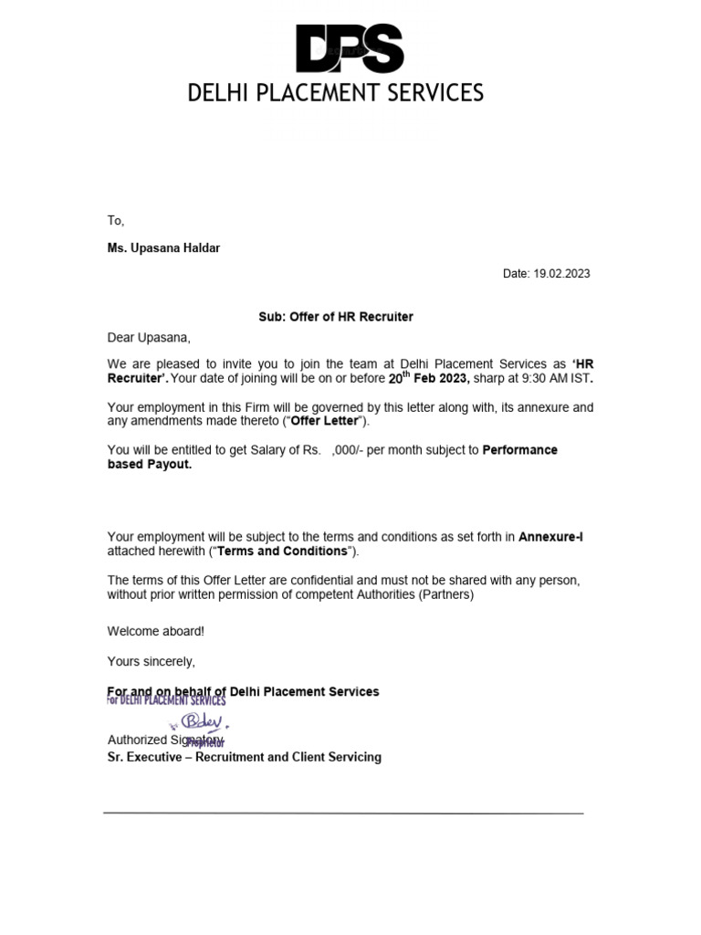 HR Recruiter Offer Letter - Delhi Placement | PDF | Justice | Crime ...