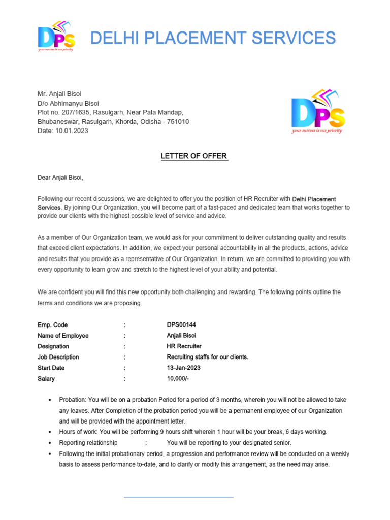 HR Recruiter Job Offer Letter | PDF | Employment | Salary