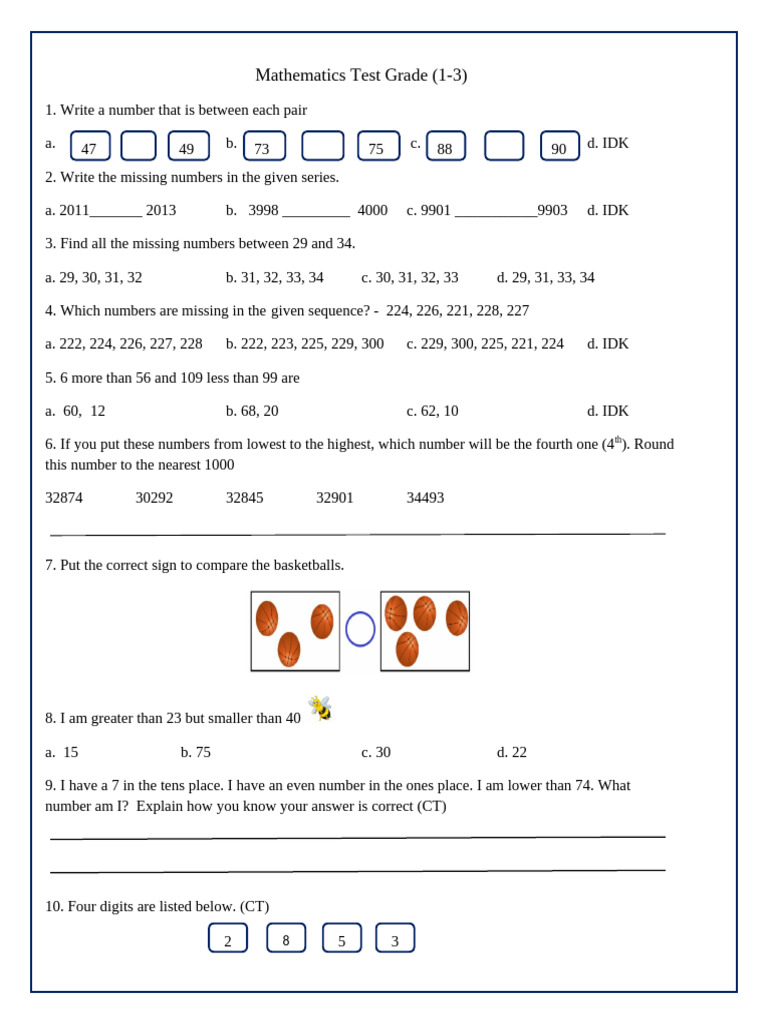 Grade 1-3 Mathematics Test Questions | PDF | Numbers | Shape