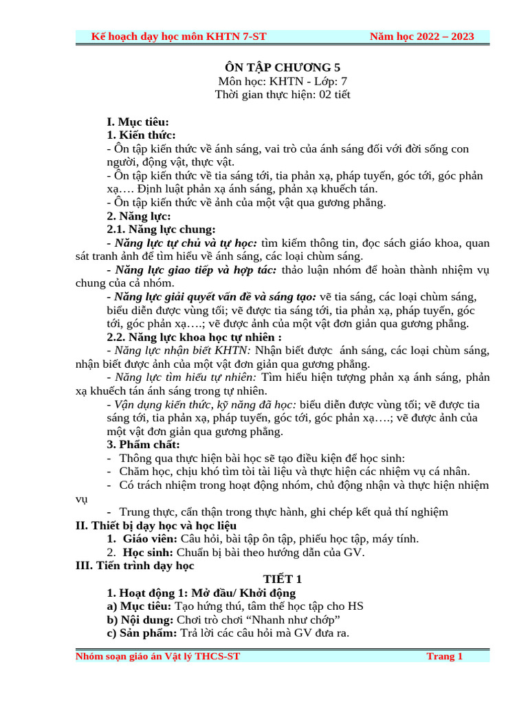 Ôn Tập Chương 5 Ánh Sáng Môn Khtn - kntt - 7-St | PDF