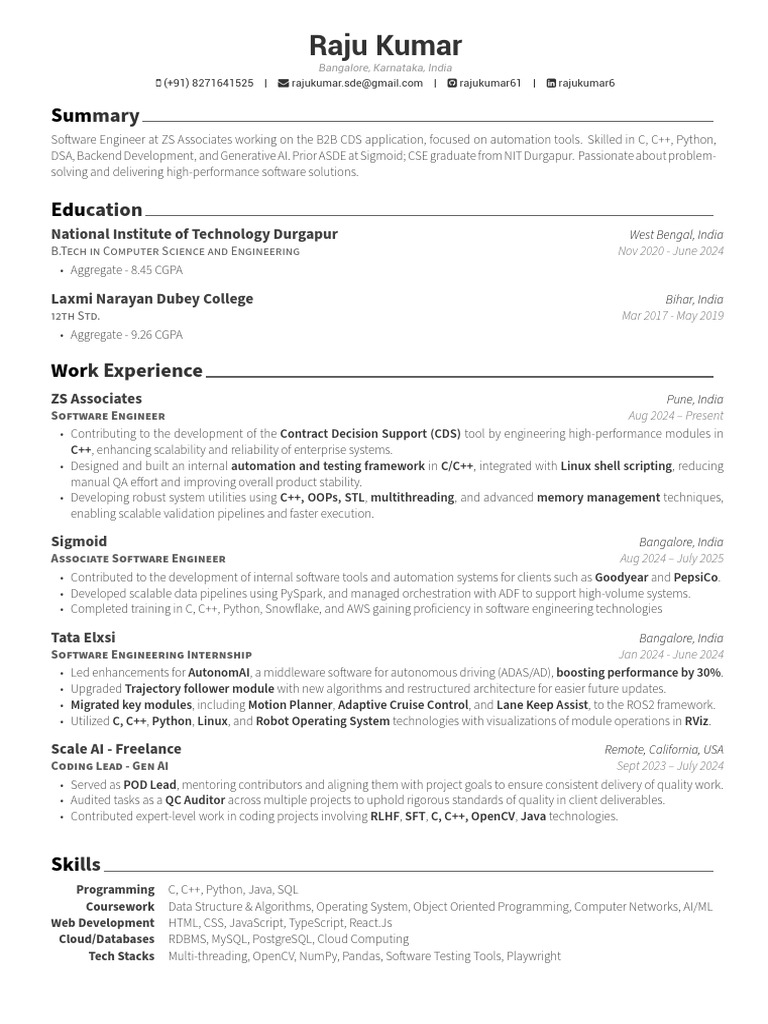 Software Engineer Resume - Raju Kumar | PDF | C++ | Web Development