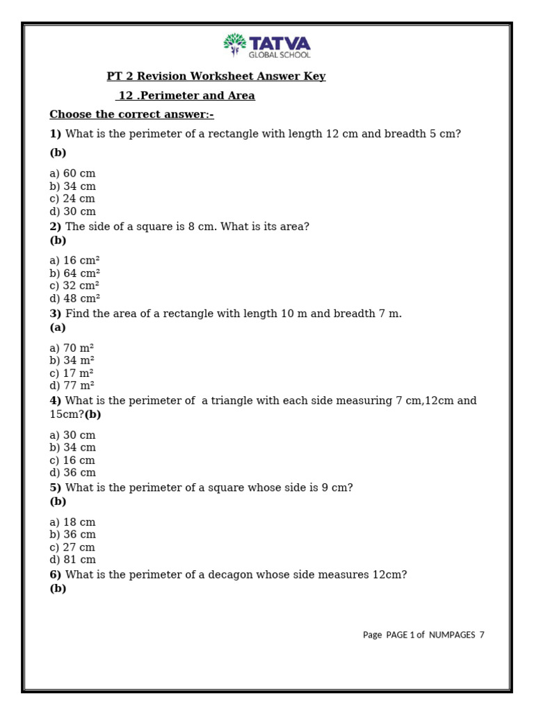 Tatva Global SchoolPT2 Perimeter and Area Answer Key | PDF | Area | Circle