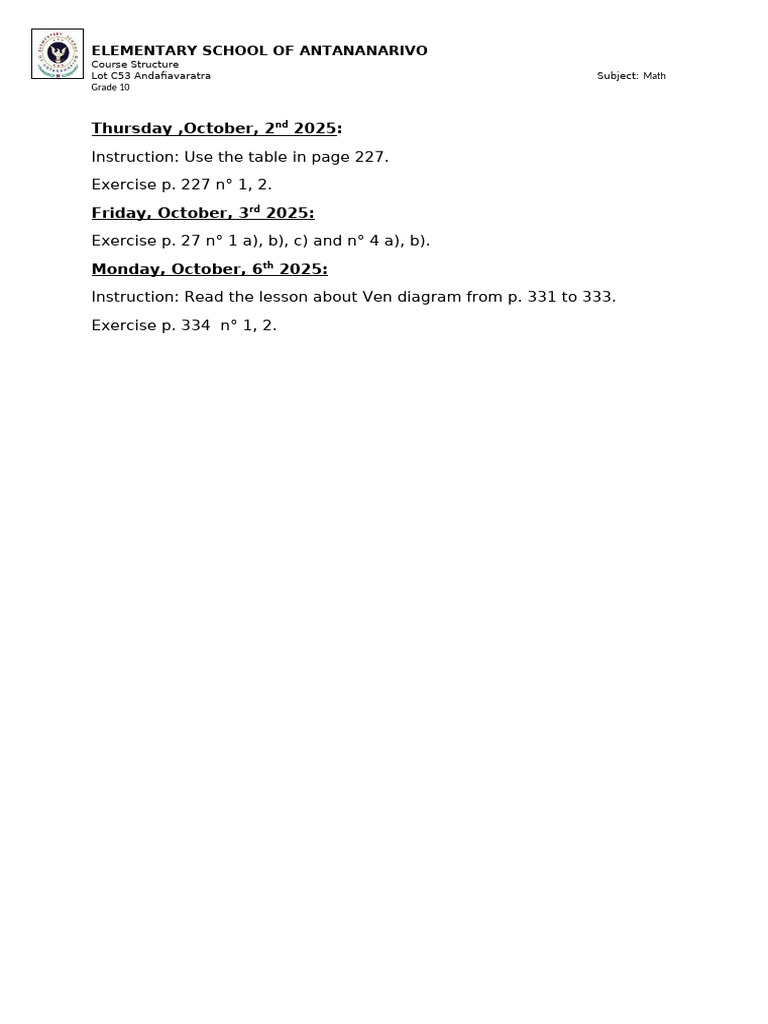 Math Course Schedule for Grade 10 | PDF