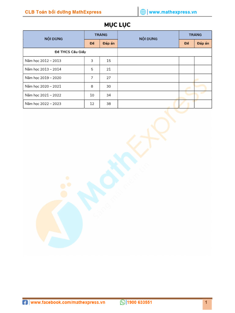 (CLB MathExpress) Tổng Hợp Đề Thi Vào 6 CLC Cầu Giấy | PDF