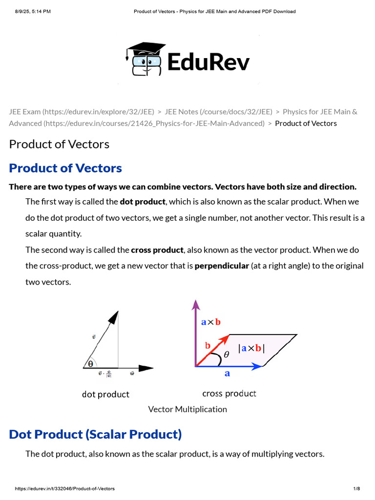 Dot Product of Vectors Explained | PDF | Euclidean Vector | Angle