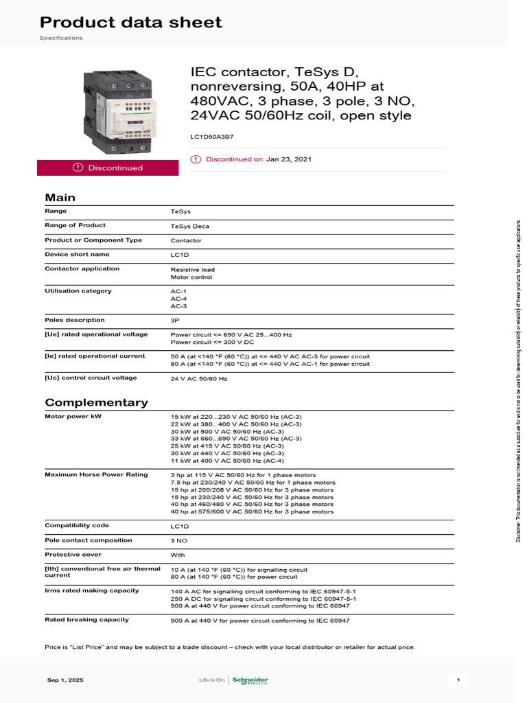 TeSys D 50A Contactor Specifications | PDF | Manufactured Goods ...
