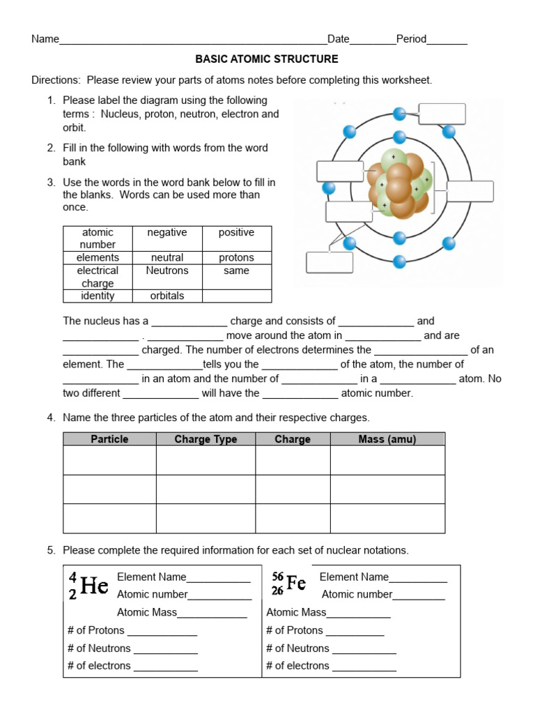 Basic Atomic Structure Worksheet | PDF | Atoms | Proton