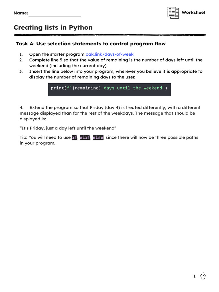 Python Lists and Control Flow Worksheet | PDF | Programming Paradigms ...