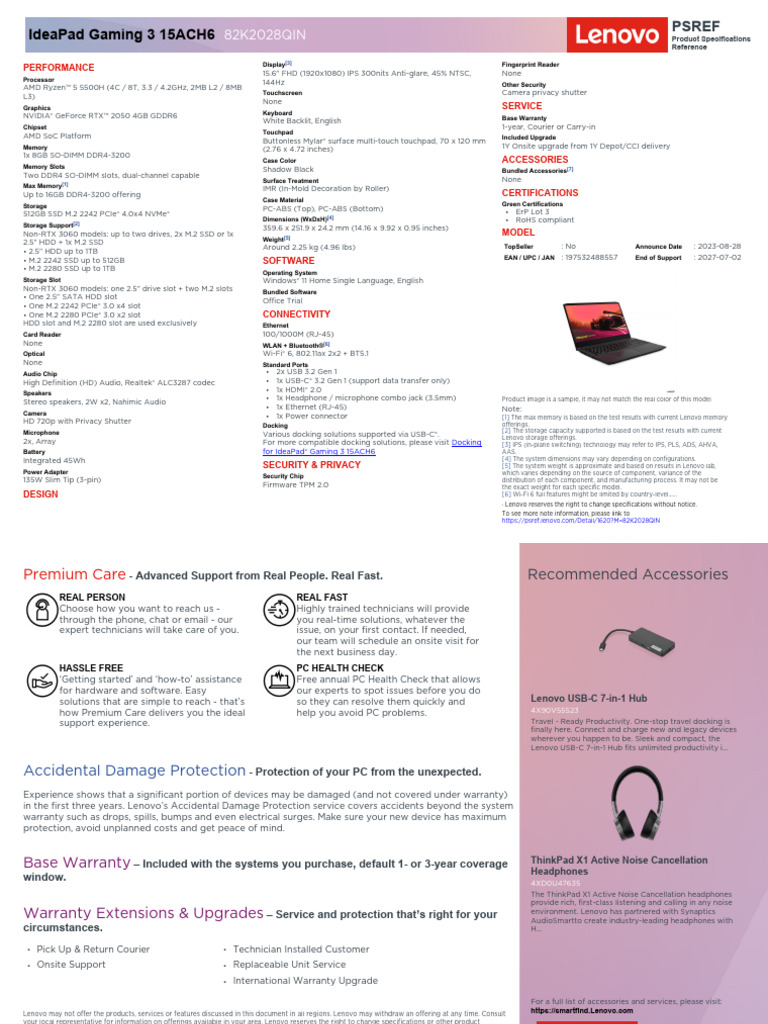 Lenovo IdeaPad Gaming 3 Specs Overview | PDF | Computer Hardware ...
