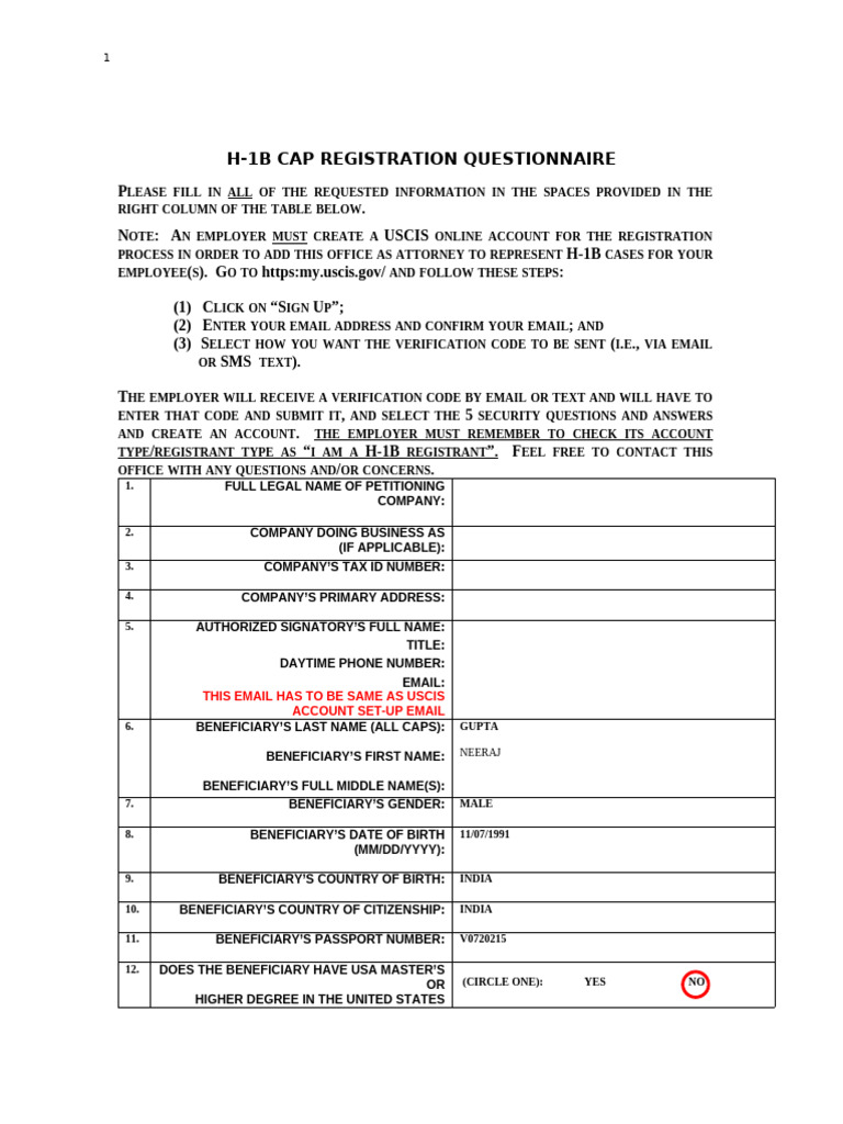 H-1B Registration Questionnaire Form | PDF