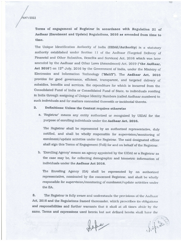Terms of Engagement for Aadhaar Registrars | PDF | Justice | Crime ...