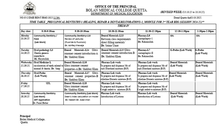 Bds 2nd Year Module-3 Revised Week TIme Table, 04.10.25 | PDF ...