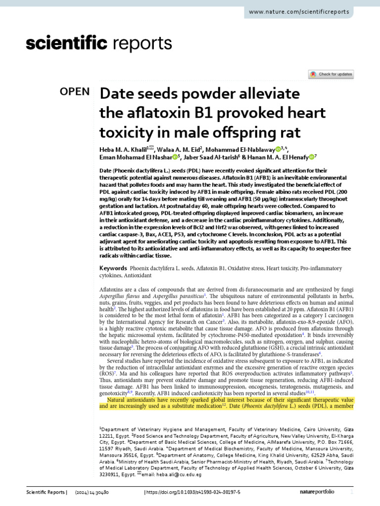 Date Seeds Powder Alleviate the Aflatoxin B1 Provoked Heart Toxicity in ...