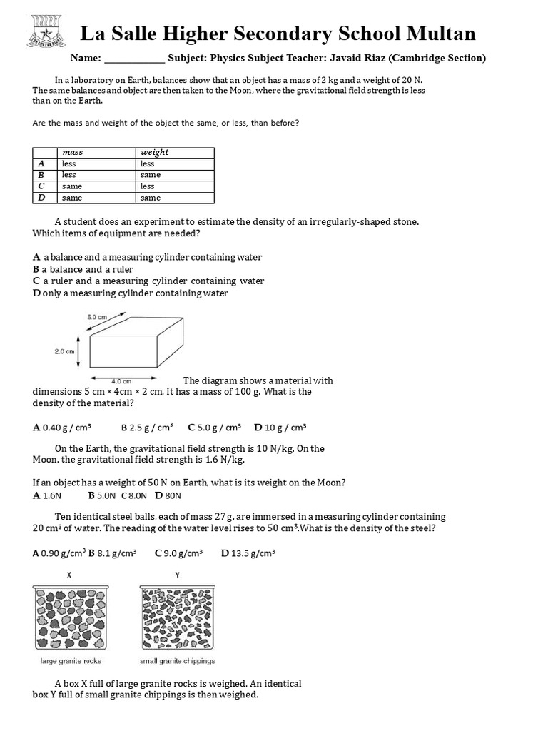 Work Sheet Volume Mass and Density | PDF | Mass | Weight