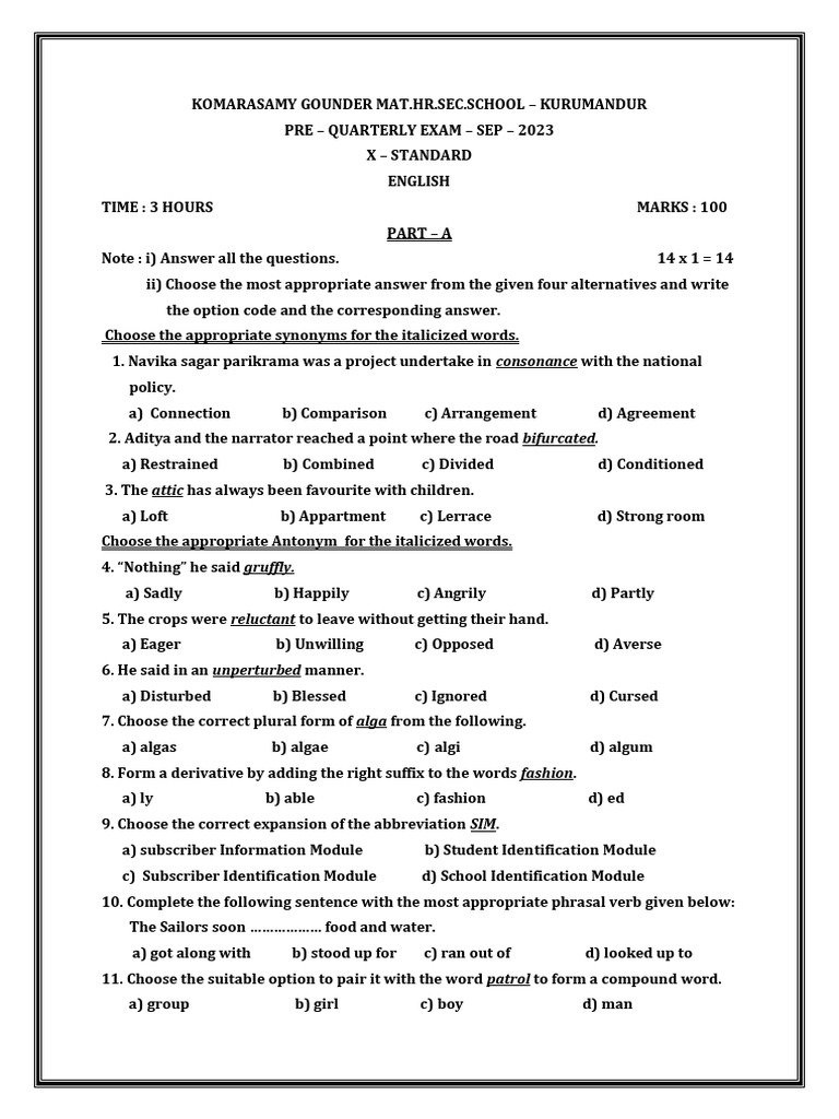 X Standard English Pre-Quarterly Exam 2023 | PDF | Linguistics