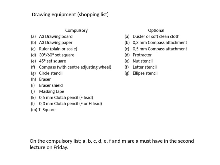 Essential Drawing Equipment List | PDF