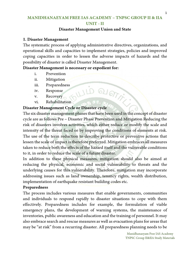 Disaster Management Overview for TNPSC | PDF | Emergency Management ...