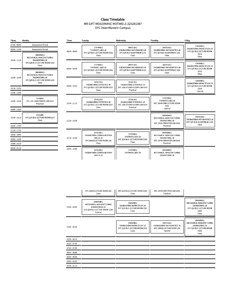 Class TimeTable | PDF