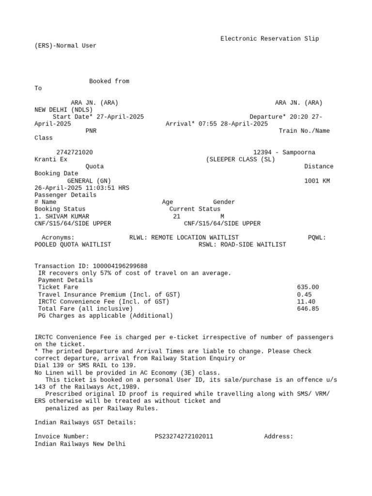 ERS Ticket Confirmation for Train Travel | PDF | Payments