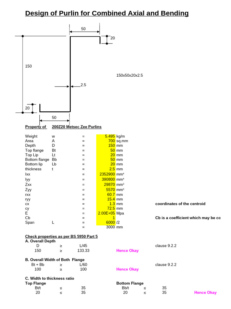 Purlin Design for Axial and Bending | PDF | Civil Engineering ...