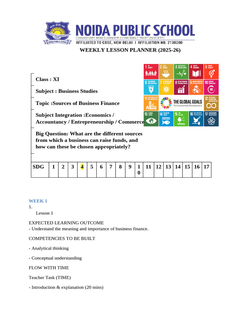 Source of Finance Class XI BST Lesson Plan | PDF | Learning | Teachers