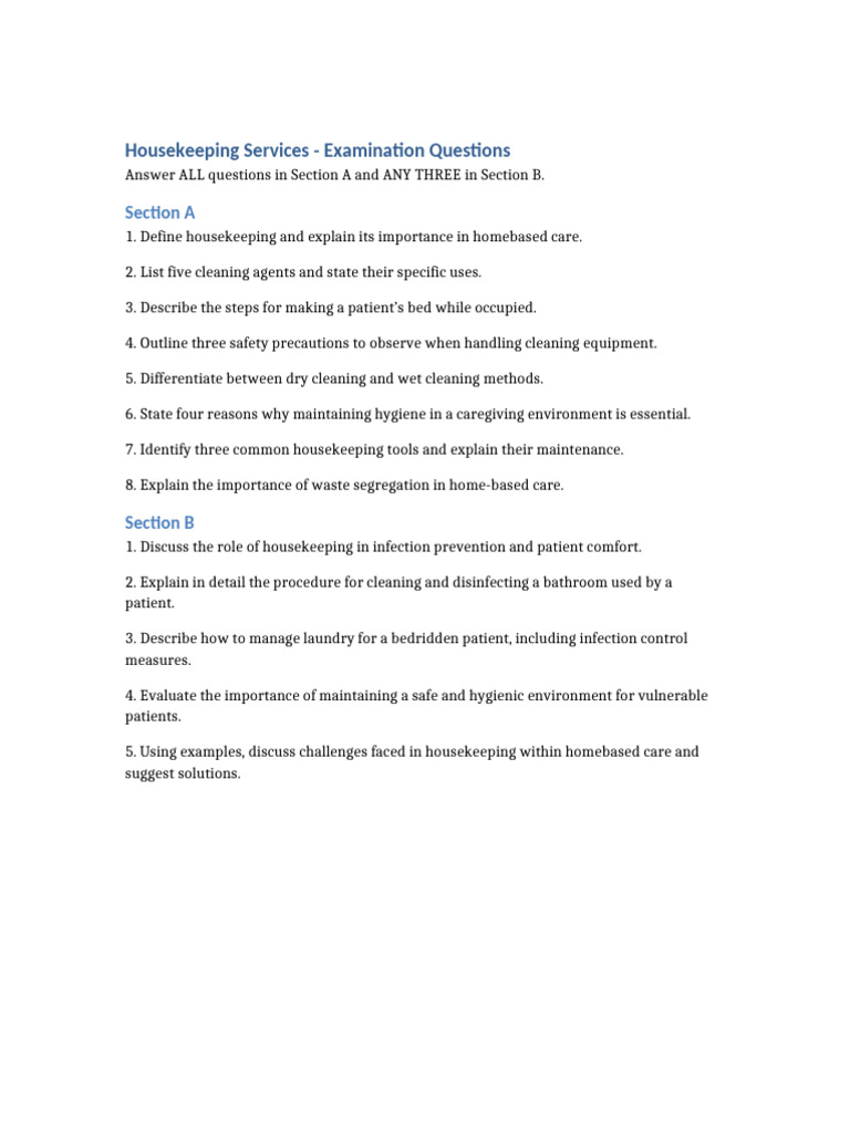 Housekeeping in Home-Based Care Exam Questions | PDF