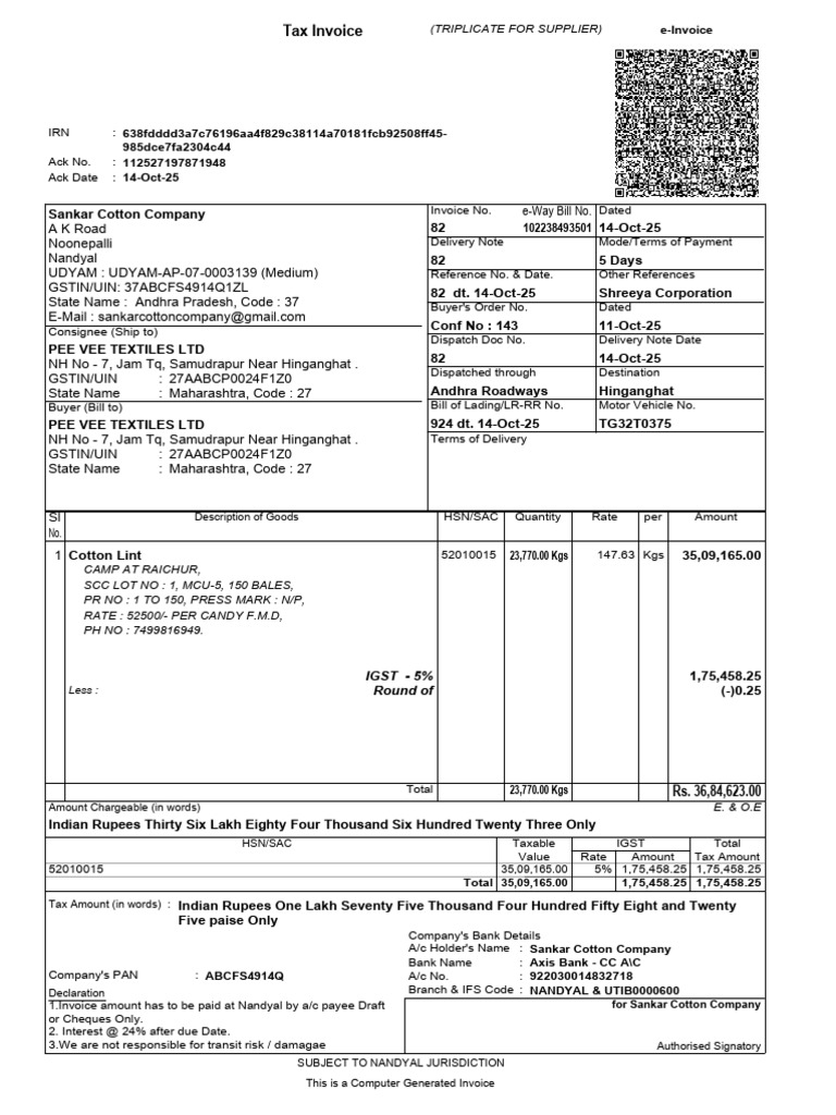 Tax Invoice for Cotton Lint Supply | PDF | Government Finances | Taxes