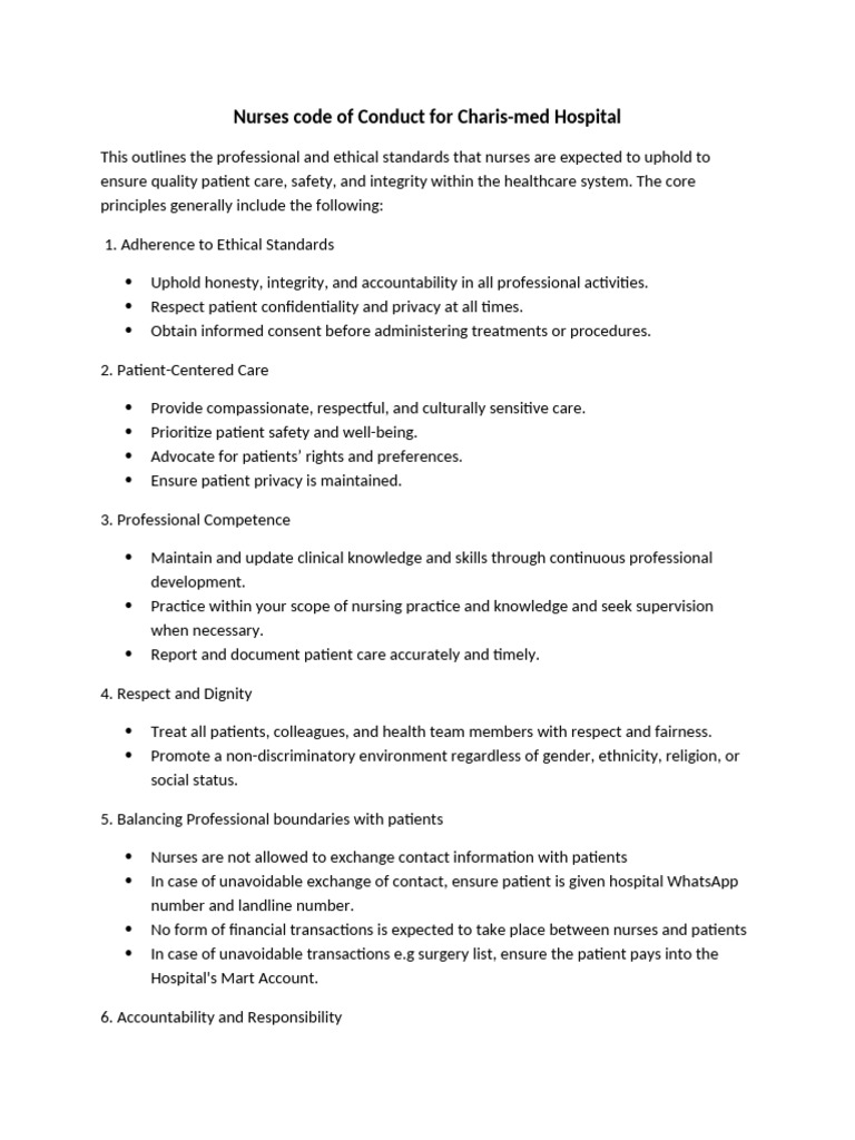 Nurses Code of Conduct at Charis-med Hospital | PDF