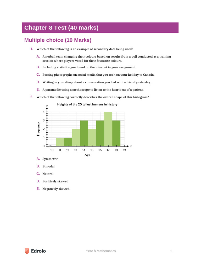 Year 8 Mathematics Chapter 8 Test | PDF | Sampling (Statistics) | Outlier
