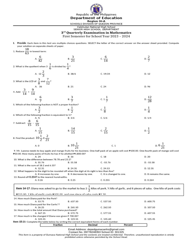 3rd Quarter Math Exam for SHS 2023-2024 | PDF | Gross Margin