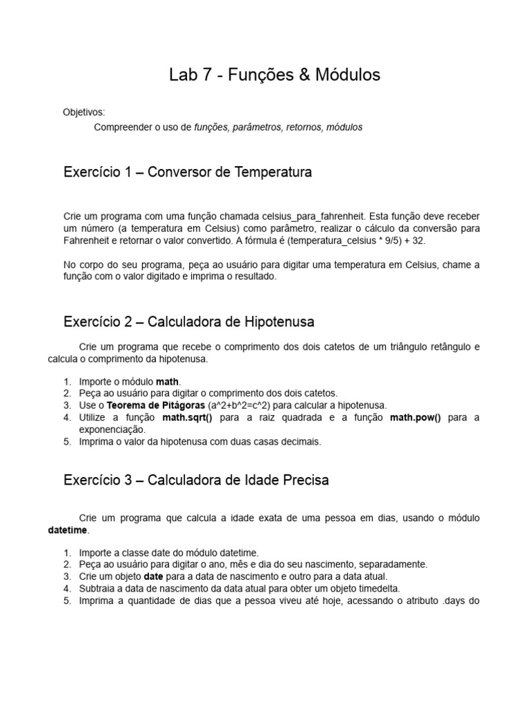 Funções e Módulos em Python: Exercícios Práticos | PDF | Matemática