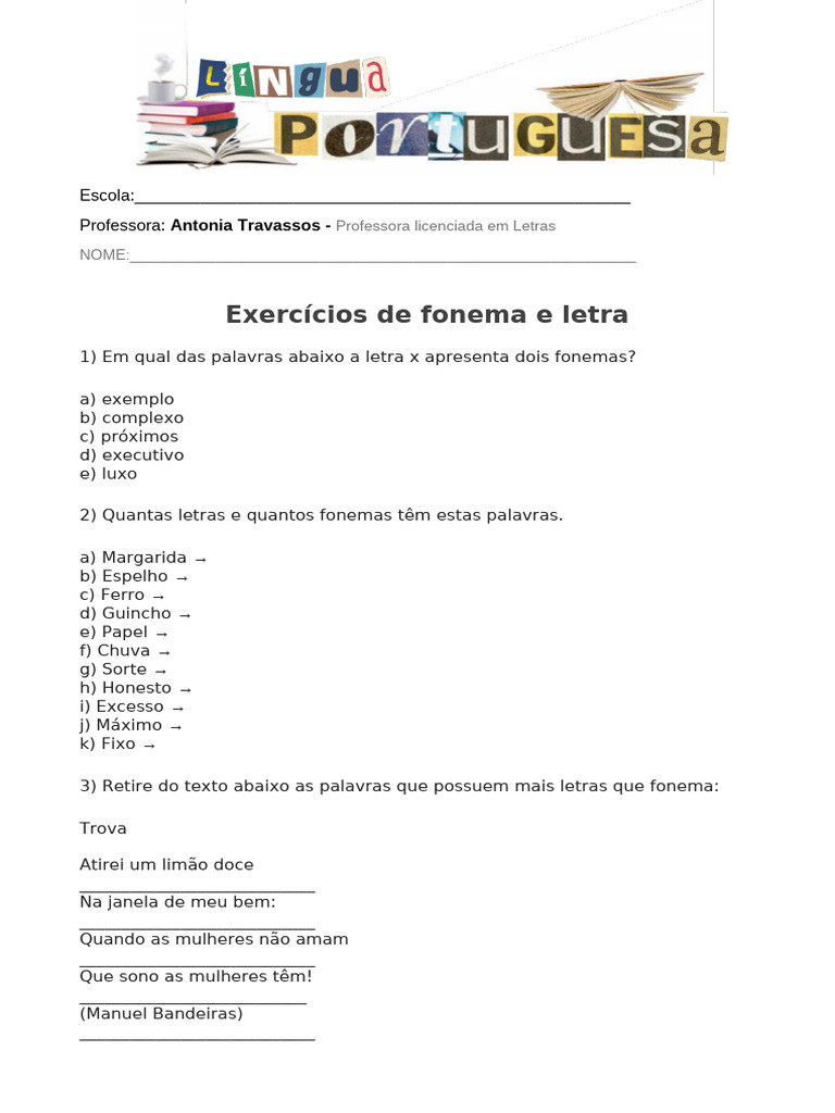Exercícios de Fonemas e Letras para Alunos | PDF