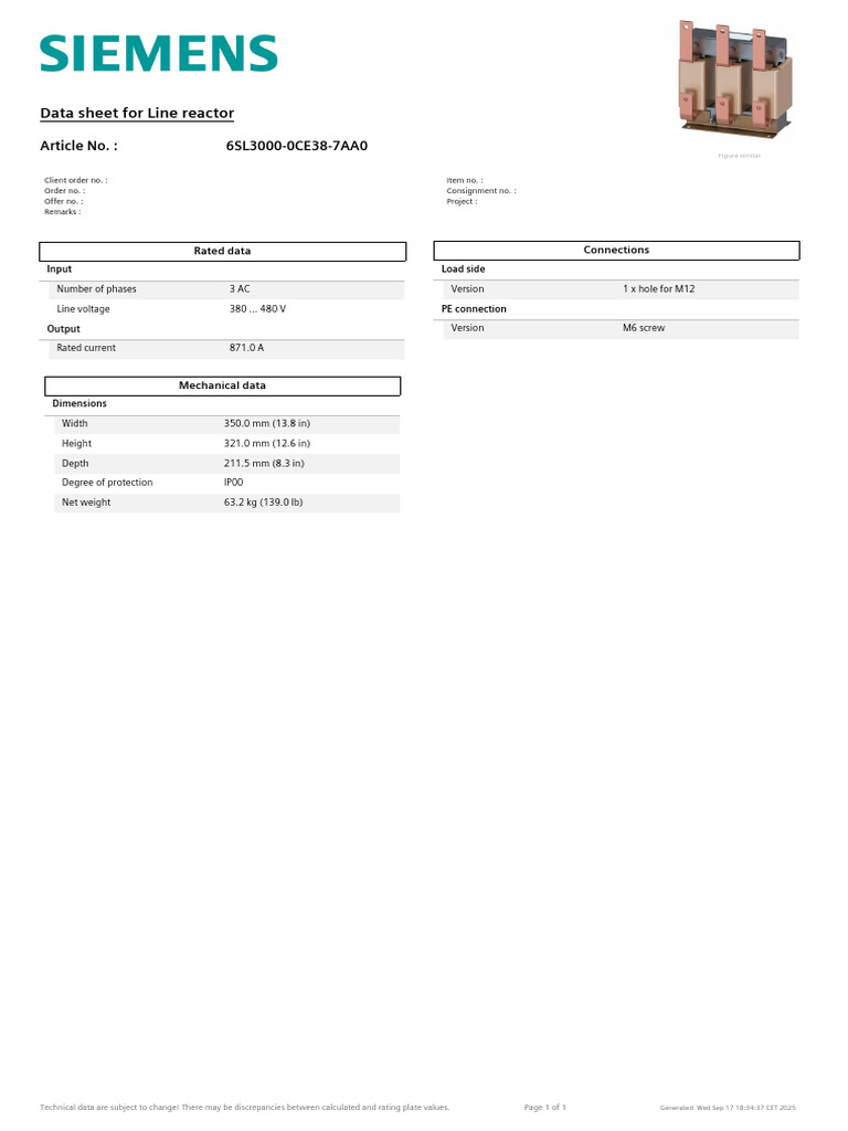 Line Reactor Data Sheet 6SL3000-0CE38-7AA0 | PDF