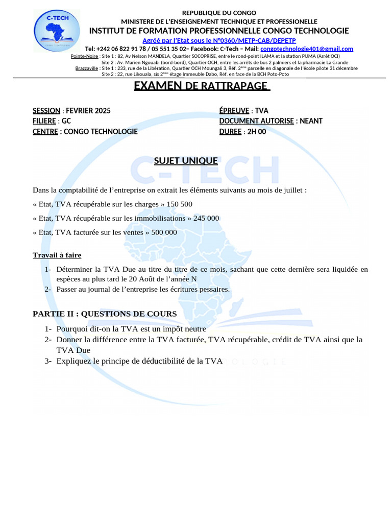 Examen de rattrapage TVA - Février 2025 | PDF