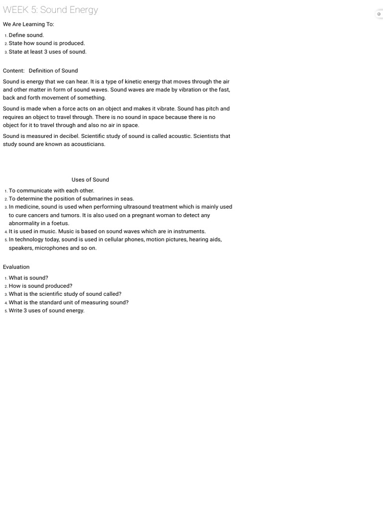 Week 5 - Sound Energy - Year 4 Science 2023 - 2024 | PDF
