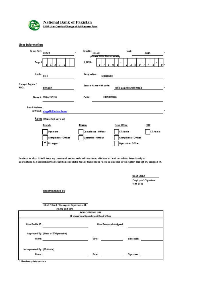 NBP User Creation/Change Request Form | PDF