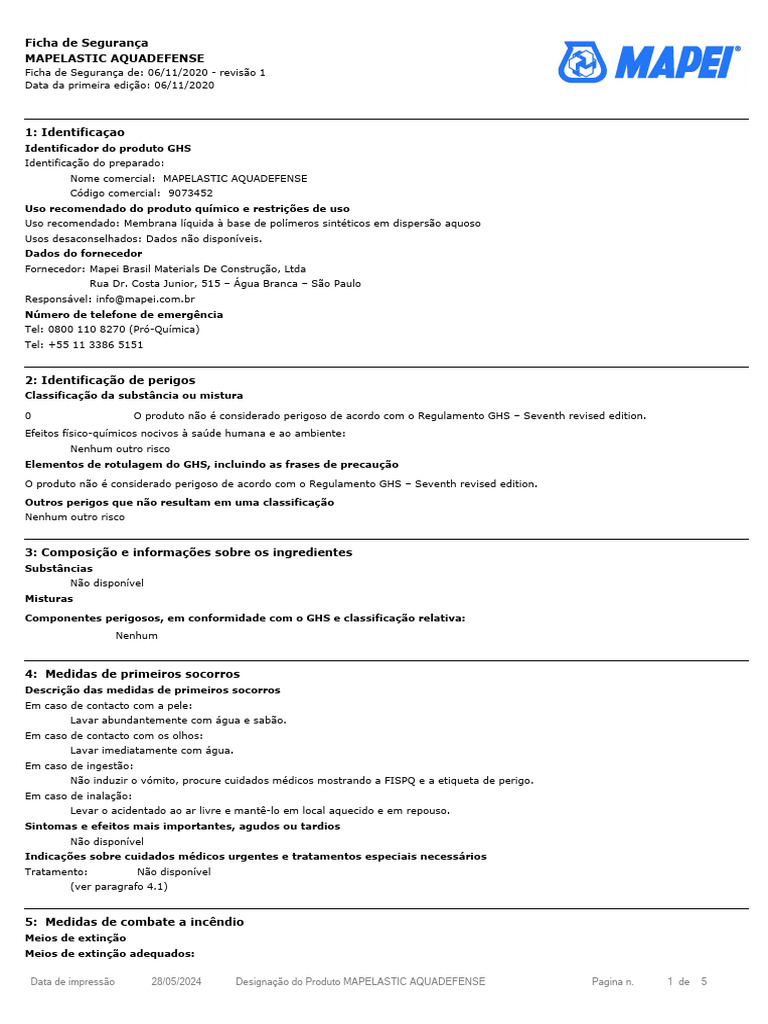 Ficha de Segurança MAPELASTIC AQUADEFENSE | PDF | Desperdício | Águas ...