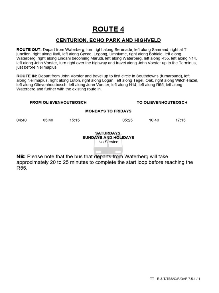 Centurion Bus Route Directions & Schedule | PDF