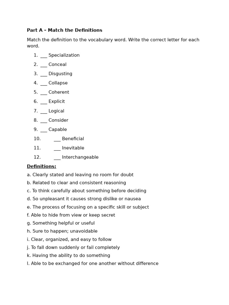 Vocabulary Matching and Fill-in Exercises | PDF