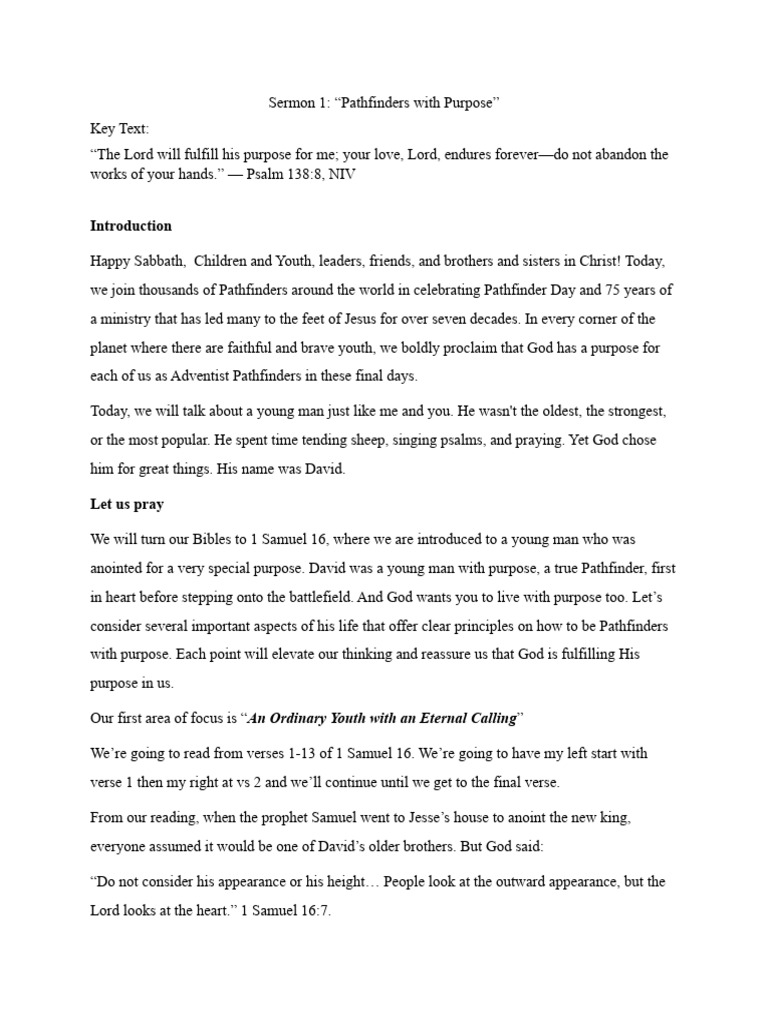 Pathfinders with Purpose Sermon | PDF | Books Of Samuel | David