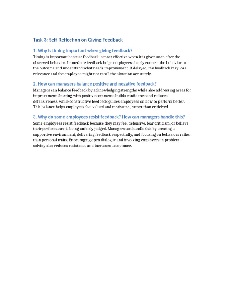 Task 3 Self Reflection Feedback | PDF